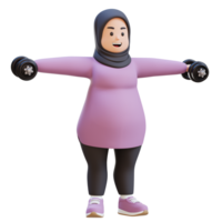 3D Plus Size Overweight muslim woman in Dumbbell Lateral Raise png