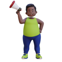 3D Cartoon of a Happy Chubby obesse african man Announcing with Megaphone png