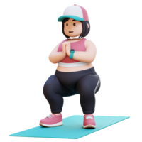 3D Plus Size Overweight girl Doing Squats on a Yoga Mat png