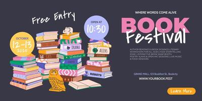 Book festival or fair horizontal banner for advertising and promotion. Piles of various books. Template for social media posts, web design, World Book Day or Back to School concepts. vector