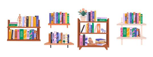 Colorful illustrated bookshelves with books vector