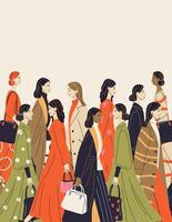 Hand drawn vertical illustration of walking women in modern outfits for work, meeting, party. Diverse women on background for Women's Day, fashion backgrounds, social media posts. vector