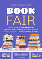 Book fair or festival vertical poster for advertising and promotion. Piles of various books on bookshelf. Hand drawn banner design for educational events, World Book Day, Back to School concepts. vector