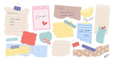 Set of torn paper notes, stickers, to do lists, duct tapes, and paper clips. Isolated flat sticky elements, planners, and reminders for mood boards, scrapbooking, and collages. vector