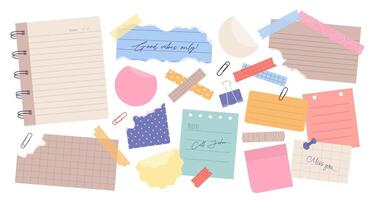 Set of torn paper notes, stickers, to do list, duct washi tapes, paper clips. Isolated sticky craft elements and reminders for scrapbooking, collages or mood boards. Illustrations on white. vector