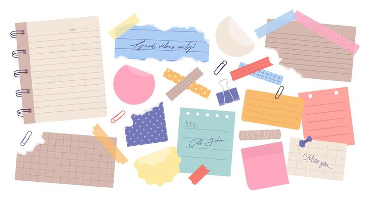 Set of torn paper notes, stickers, to do list, duct washi tapes, paper clips. Isolated sticky craft elements and reminders for scrapbooking, collages or mood boards. Illustrations on white.