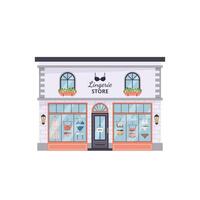 Chic lingerie store building. Elegant facade with display windows showcasing bras, panties and mannequin. Isolated flat illustration on white for apps, web design, fashion retail and boutique themes. vector