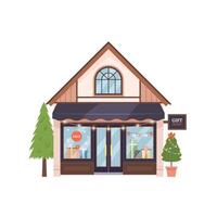 Charming gift shop building with gifts in display windows, Christmas lights, and festive trees. Flat illustration isolated on white, ideal for seasonal retail and celebration themes. vector