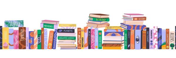 Border with stacks of various books. Seamless horizontally. Home library collection with educational literature, novels, storybooks for Back to School, libraries, book fairs or World Book Day. vector