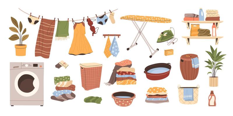 Set of laundry equipment. Washing machine, hanging clothes, ironing board, baskets, detergents, and folded towels. Isolated flat illustrations for home chores, cleaning, and domestic life concepts.