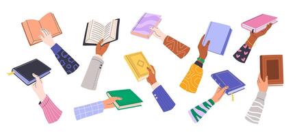 Hands holding different books vector