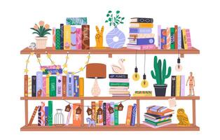 Colorful bookshelf with books and plants vector