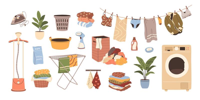 Set of laundry equipment. Washing machine, hanging clothes, baskets, iron, clothes steamer, detergents, folded towels. Isolated flat illustrations for home chores, cleaning, and domestic life concepts
