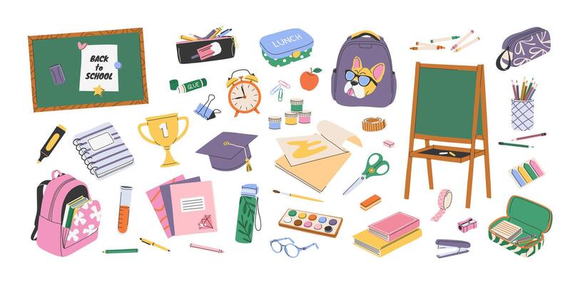 Set of hand drawn school supplies and stationery. Isolated illustrations. Back to school and education concept. Backpacks, pencil cases, mortarboard, test tube, books, blackboards.