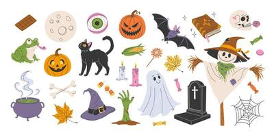 Colorful Halloween-themed illustrations and icons vector