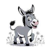 Cute Cartoon Donkey in a Field with Flowers Smiling donkey large ears and happy expression surrounded simple flowers and grass donkey cartoon animal vector