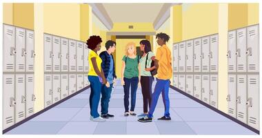 Students stand in the hallway of a secondary school. Two young women and two young man stand in front of grey lockers, speaking together. vector
