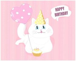 Cute white cat with cake, balloon on pink background vector