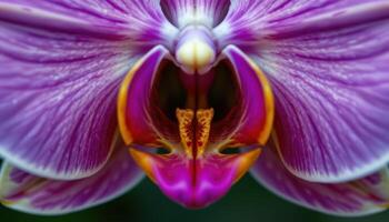 close up view of a purple orchid's center showing detailed exotic pattern. photo