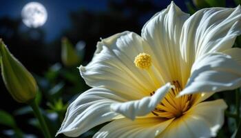 close up view of a night blooming cereus with pure white petals unfolding under the moonlight. photo