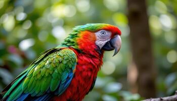 close up view of a majestic parrot with rich, vivid feathers resting quietly in a natural forest setting, highlighting the detailed feather texture. photo