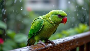 close up view of a green parrot with rain droplets on its feathers, perched on a damp wooden rail. photo