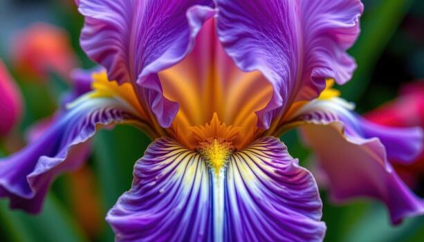 close up view of an iris flower in deep purple and yellow, with complex veining on each petal. photo