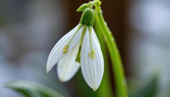 close up view of a single snowflake flower drooping gracefully, with pure white petals and green tips. photo