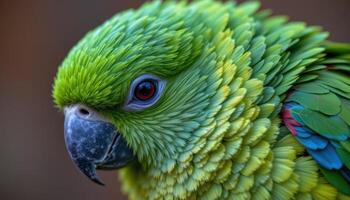 close up view of a solitary parrot with glossy feathers resting quietly, the image focusing on the delicate feather layering and radiant colors. photo