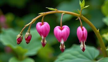 close up view of a bleeding heart flower, its pink heart shaped blossoms hanging gracefully from arching stems. photo
