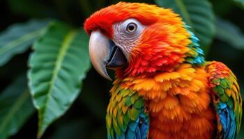 close up view of a tropical parrot with dazzling colors and delicate feather texture, sitting still against a background of deep green leaves. photo