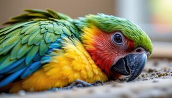close up view of a single parrot with multi colored feathers resting peacefully, the fine feather layering and colors captured in natural light. photo