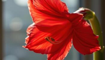 close up view of a red amaryllis petal curving dramatically in elegant light play. photo