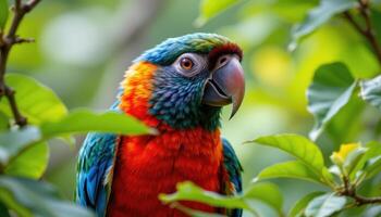 close up view of a tropical parrot perched in dense foliage, the image highlighting the rich colors and texture of its feathers with sharp focus. photo