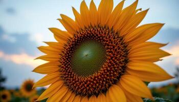 close up view of a golden sunflower head with spiraling seed patterns glowing under a calm sky. photo