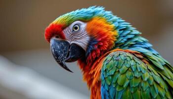 close up view of a parrot turning its head to the side, showing detailed plumage and a curious gaze. photo