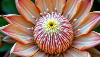 close up view of a striking protea flower with leathery bracts surrounding a central dome of silky filaments. photo