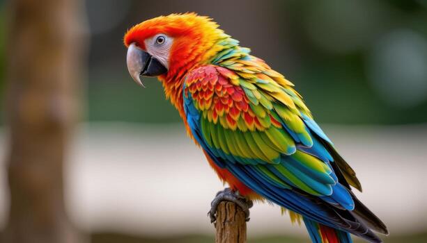 close up view of a colorful parrot sitting on a slender post, the detailed feather patterns vividly illuminated. photo