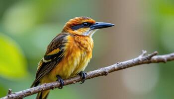 close up view of a tropical bird sitting quietly on a slender branch, every feather vividly detailed and soft lit. photo