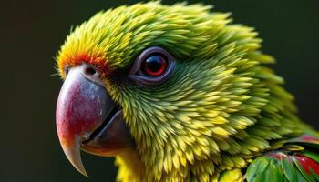 close up view of a solitary parrot with brilliant feathers, the image highlighting the complex texture and shine of its plumage in soft natural light. photo