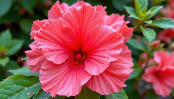 close up view of a coral colored azalea flower, its ruffled petals forming an intricate natural pattern. photo