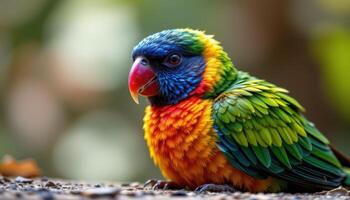 close up view of a tropical bird resting quietly, the brilliant feather colors and detailed patterns captured in warm natural light. photo