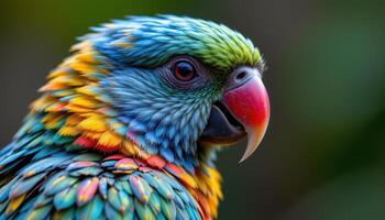 close up view of a tropical parrot with iridescent plumage perched calmly, highlighting fine feather structure and gradient coloring. photo