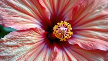 close up view of a hibiscus flower in vivid red, its central stamen protruding with delicate pollen grains visible. photo