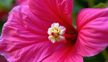 close up view of a single bougainvillea bract, vibrant magenta surrounding a tiny white flower. photo