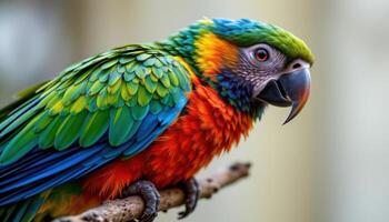 close up view of a colorful parrot with iridescent feathers resting on a slender branch, the image focusing on feather layering and shine. photo