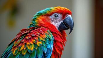 close up view of a colorful parrot perched calmly, each feather's structural detail and vibrant hue emphasized. photo
