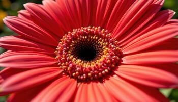 close up view of a bright red gerbera daisy with crisp petals and sunlit highlights. photo