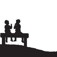 Two Young Children Sitting on Bench Silhouette Against White Background vector