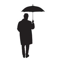 Silhouette of Man Holding Umbrella in Coat and Hat on White Background vector